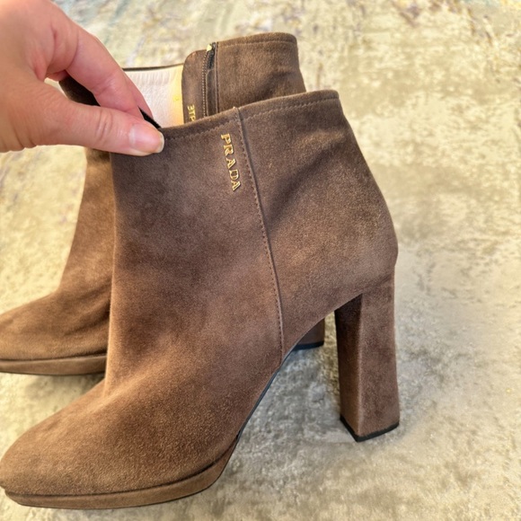 Prada Brown Seude Heeled Boots - Picture 1 of 7